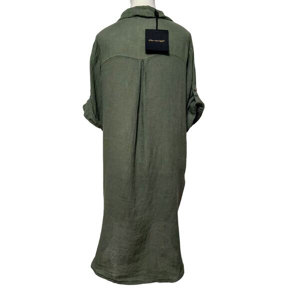 NWT Artigli Italy Linen Dress Medium Lagenlook Olive Green Roll-Tab T-Shirt Midi - Picture 4 of 9